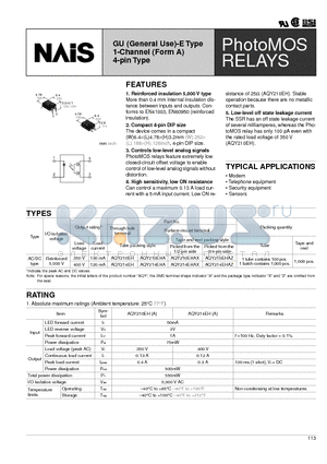 AQY210EH datasheet - GU (General Use)-E Type 1-Channel (Form A) 4-pin Type