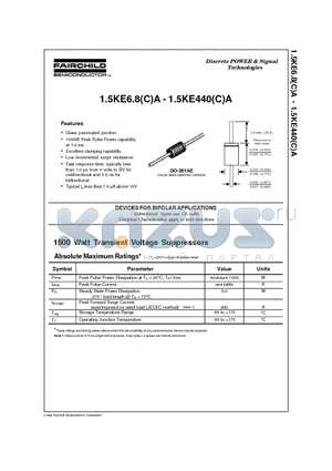 1.5KE91A datasheet - Glass passivated junction.  1500W Peak Pulse Power capability at 1.0 ms.