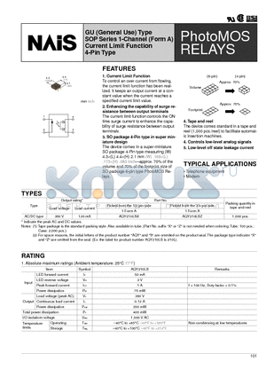 AQY210LSX datasheet - GU (General Use) Type SOP Series 1-Channel (Form A) Current Limit Function 4-Pin Type