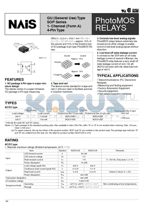 AQY214S datasheet - GU (General Use) Type SOP Series 1- Channel (Form A) 4-Pin Type