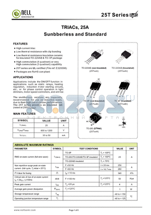 25T06AIB datasheet - TRIACs, 25A Sunbberless and Standard