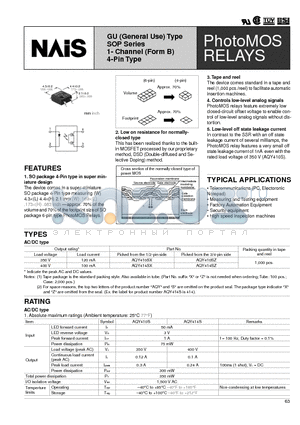 AQY410SX datasheet - GU (General Use) Type SOP Series 1- Channel (Form B) 4-Pin Type