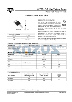 25TTS08PBF datasheet - Phase Control SCR, 25 A