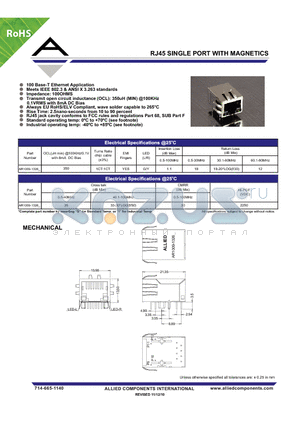 AR1009-1326 datasheet - RJ45 SINGLE PORT WITH MAGNETICS