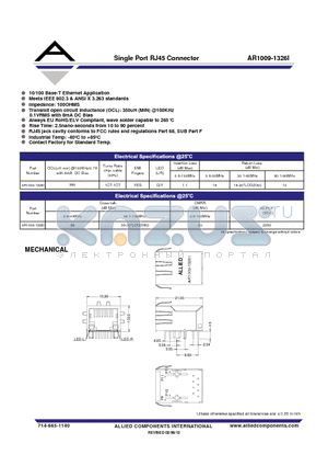 AR1009-1326I datasheet - Single Port RJ45 Connector