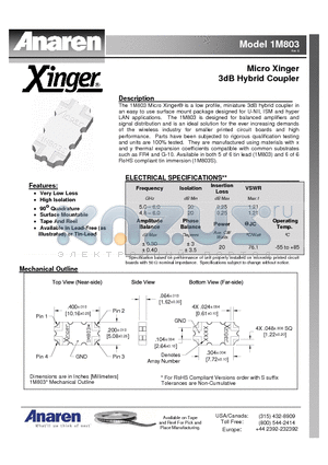 1M803 datasheet - Micro Xinger 3dB Hybrid Coupler