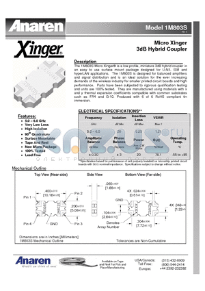 1M803S datasheet - Micro Xinger 3dB Hybrid Coupler