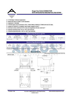 AR1015-1221 datasheet - Single Port RJ45 CONNECTOR WITH INTEGRATED MAGNETICS,TAB DOWN