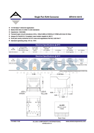 AR1015-1221S datasheet - Single Port RJ45 Connector