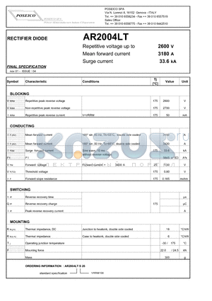 AR2004LTS26 datasheet - RECTIFIER DIODE