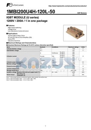 1MBI200U4H-120L-50 datasheet - IGBT MODULE (U series) 1200V / 200A / 1 in one package