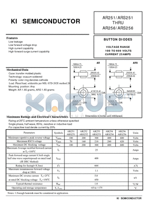 AR251 datasheet - BUTTON DIODES VOLTAGE RANGE 100 TO 600 VOLTSCURRENT 25AMPS