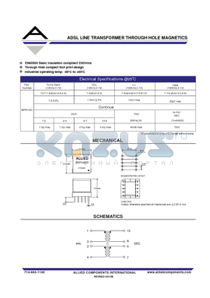 AEP016DI datasheet - ADSL LINE TRANSFORMER THROUGH HOLE MAGNETICS