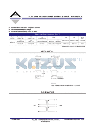 AEP021SI datasheet - VDSL LINE TRANSFORMER SURFACE MOUNT MAGNETICS