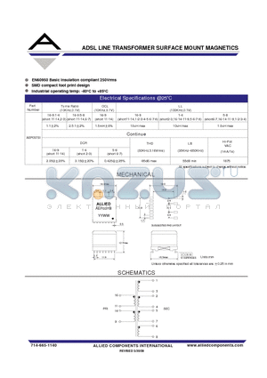 AEP037SI datasheet - ADSL LINE TRANSFORMER SURFACE MOUNT MAGNETICS