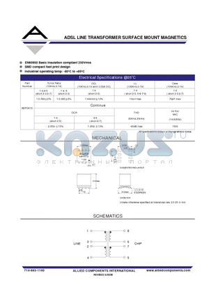 AEP041SI datasheet - ADSL LINE TRANSFORMER SURFACE MOUNT MAGNETICS