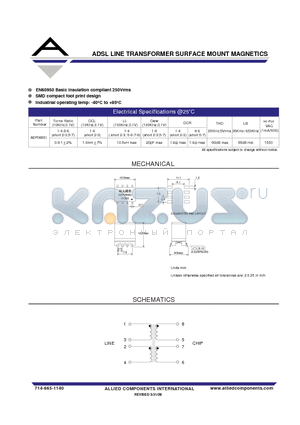 AEP089SI datasheet - ADSL LINE TRANSFORMER SURFACE MOUNT MAGNETICS