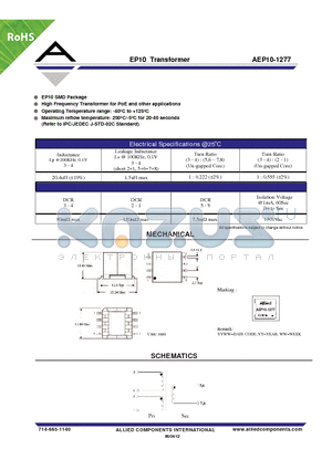 AEP10-1277 datasheet - EP10 Transformer