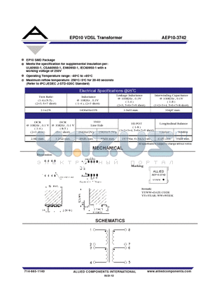 AEP10-3742 datasheet - EPD10 VDSL Transformer
