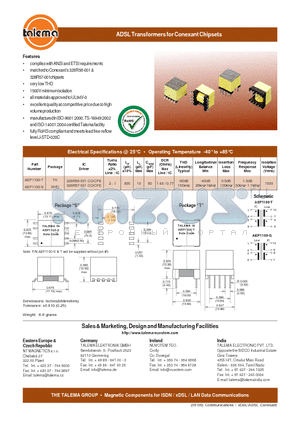 AEP1100-T datasheet - ADSL Transformers for Conexant Chipsets