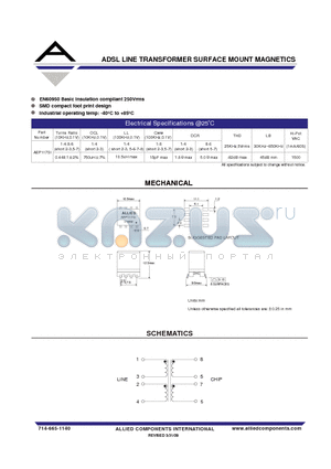 AEP117SI datasheet - ADSL LINE TRANSFORMER SURFACE MOUNT MAGNETICS