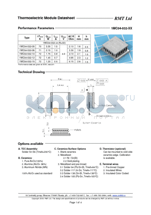 1MC04032 datasheet - Miniature Single- and Multistage thermoelectric coolers with pellets cross-section 0.4x0.4 mm. Each TEC type is available with five different heights as options