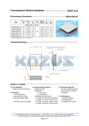 1MC04048 datasheet - Miniature Single- and Multistage thermoelectric coolers with pellets cross-section 0.4x0.4 mm. Each TEC type is available with five different heights as options