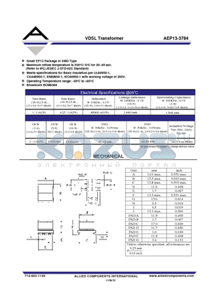 AEP13-3784 datasheet - VDSL Transformer