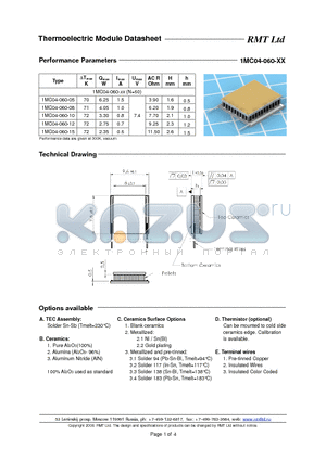 1MC04060 datasheet - Miniature Single- and Multistage thermoelectric coolers with pellets cross-section 0.4x0.4 mm. Each TEC type is available with five different heights as options