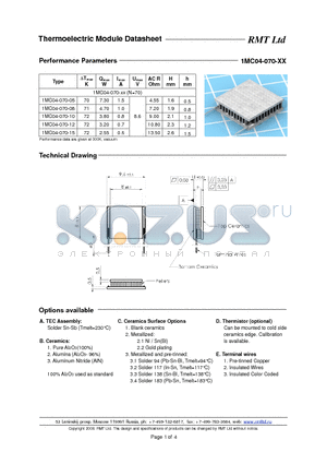 1MC04070 datasheet - Miniature Single- and Multistage thermoelectric coolers with pellets cross-section 0.4x0.4 mm. Each TEC type is available with five different heights as options