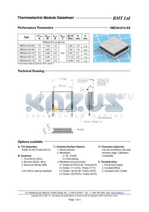 1MC04072 datasheet - Miniature Single- and Multistage thermoelectric coolers with pellets cross-section 0.4x0.4 mm. Each TEC type is available with five different heights as options