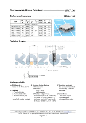 1MC04017 datasheet - Miniature Single- and Multistage thermoelectric coolers with pellets cross-section 0.4x0.4 mm. Each TEC type is available with five different heights as options