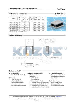 1MC04024 datasheet - Miniature Single- and Multistage thermoelectric coolers with pellets cross-section 0.4x0.4 mm. Each TEC type is available with five different heights as options
