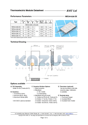 1MC04028 datasheet - Miniature Single- and Multistage thermoelectric coolers with pellets cross-section 0.4x0.4 mm. Each TEC type is available with five different heights as options