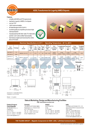 AEP900-T datasheet - ADSL Transformers for Legerity (AMD) Chipsets