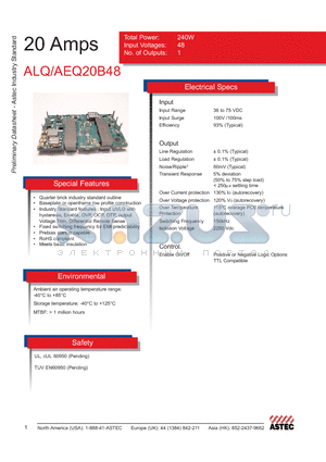 AEQ20B48-6 datasheet - Quarter brick industry standard outline