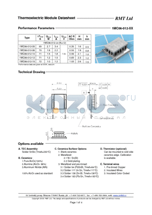 1MC06012 datasheet - Miniature Single- and Multistage thermoelectric coolers with pellets cross-section 0.6x0.6 mm. Each TEC type is available with five different heights as options.