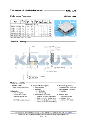 1MC06017 datasheet - Miniature Single- and Multistage thermoelectric coolers with pellets cross-section 0.6x0.6 mm. Each TEC type is available with five different heights as options.