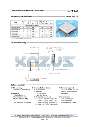 1MC06030 datasheet - Miniature Single- and Multistage thermoelectric coolers with pellets cross-section 0.6x0.6 mm. Each TEC type is available with five erent heights as options