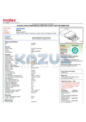 0015474030 datasheet - 2.54mm (.100) C-Grid SL Single Row, Female, Version A Receptacle, 3 Circuits