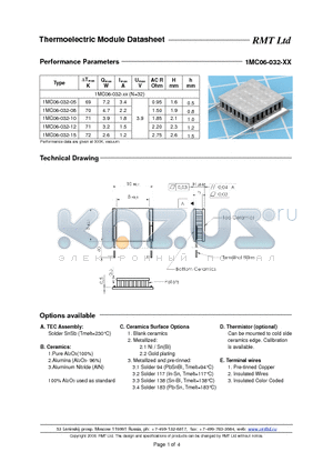 1MC06032 datasheet - Miniature Single- and Multistage thermoelectric coolers with pellets cross-section 0.6x0.6 mm. Each TEC type is available with five erent heights as options