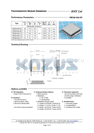 1MC06050 datasheet - Miniature Single- and Multistage thermoelectric coolers with pellets cross-section 0.6x0.6 mm. Each TEC type is available with five erent heights as options