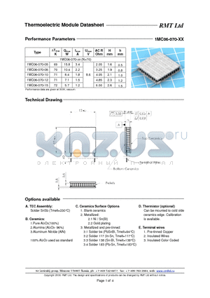 1MC06070 datasheet - Miniature Single- and Multistage thermoelectric coolers with pellets cross-section 0.6x0.6 mm. Each TEC type is available with five erent heights as options