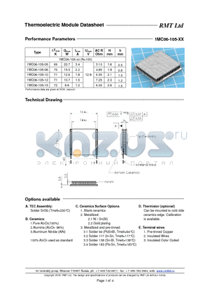 1MC06105 datasheet - Miniature Single- and Multistage thermoelectric coolers with pellets cross-section 0.6x0.6 mm. Each TEC type is available with five erent heights as options