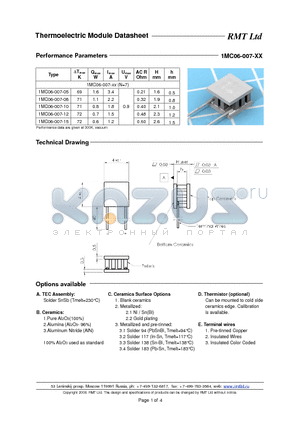 1MC06007 datasheet - Miniature Single- and Multistage thermoelectric coolers with pellets cross-section 0.6x0.6 mm. Each TEC type is available with five different heights as options.