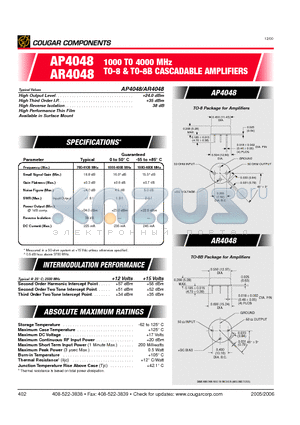 AR4048 datasheet - 1000 TO 4000 MHz TO-8 & TO-8B CASCADABLE AMPLIFIERS