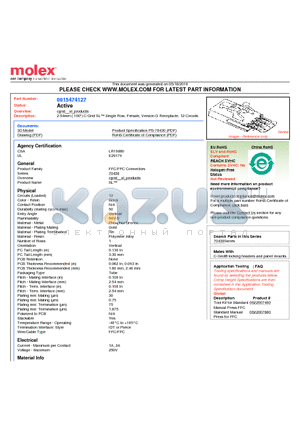 0015474127 datasheet - 2.54mm (.100) C-Grid SL Single Row, Female, Version G Receptacle, 12 Circuits