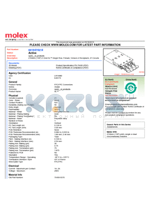 0015474214 datasheet - 2.54mm (.100) C-Grid SL Single Row, Female, Version A Receptacle, 21 Circuits