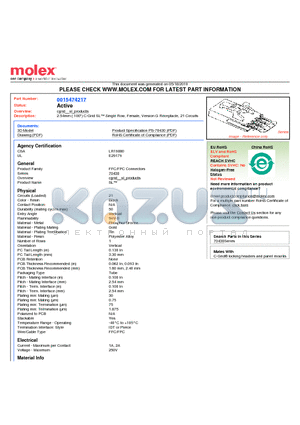 0015474217 datasheet - 2.54mm (.100) C-Grid SL Single Row, Female, Version G Receptacle, 21 Circuits