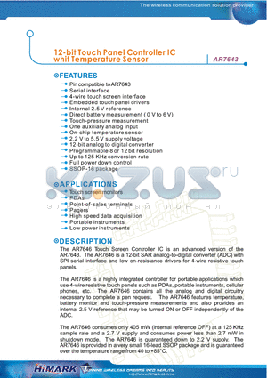 AR7646 datasheet - 12-bit Touch Panel Controller IC whit Temperature Sensor